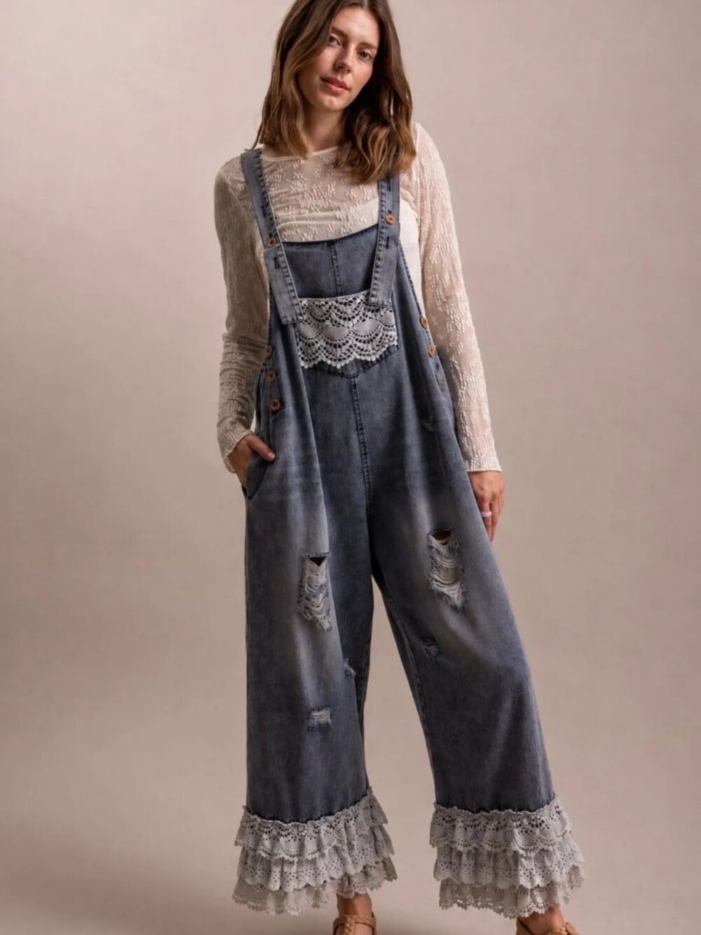 BLUEVELVET Distressed Lace Trim Denim Overalls With Adjustable Straps